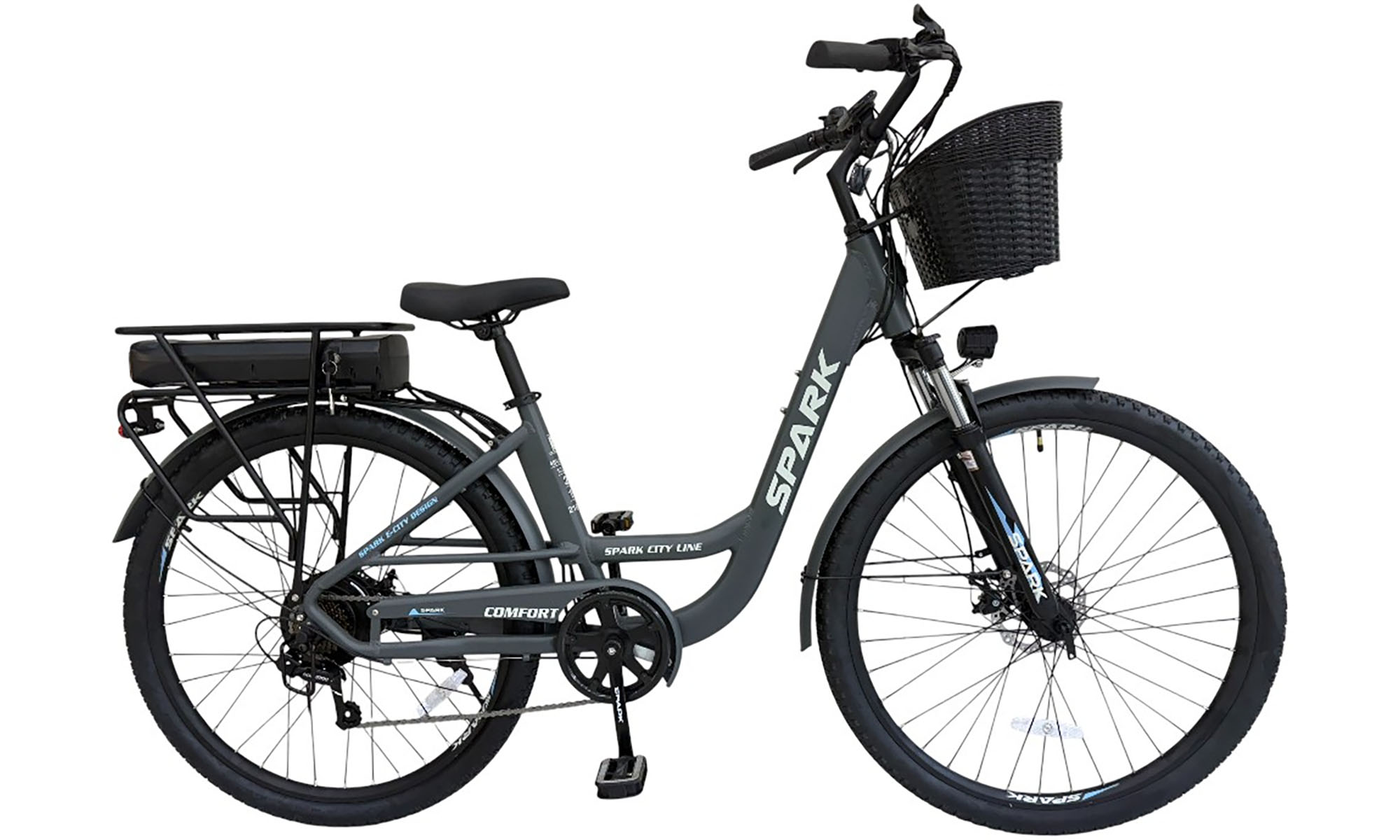 Велосипед с электромотором SPARK E-CITY COMFORT 28", размер M, рама 18", 48V/500W/12,8Ah, год 2026, темно-серый 